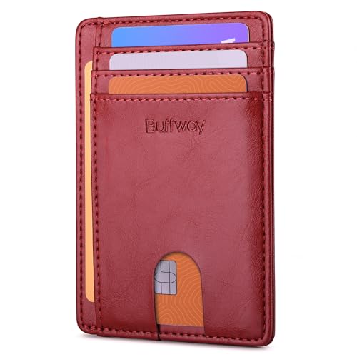 Buffway Slim Minimalist Front Pocket RFID Blocking Leather Wallets for Men and Women - Alaska Cherry - color: Alaska Cherry