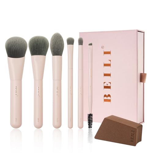 BEILI Mini 6Pcs Makeup Brush Set – Soft Pink, Travel Makeup Brushes for Foundation, Contour, Highlighter & Blending, Includes Sponge and Gift-Ready Box - color: Pink