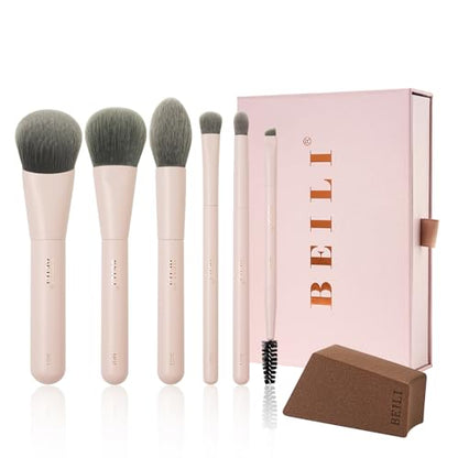 BEILI Mini 6Pcs Makeup Brush Set – Soft Pink, Travel Makeup Brushes for Foundation, Contour, Highlighter & Blending, Includes Sponge and Gift-Ready Box - color: Pink