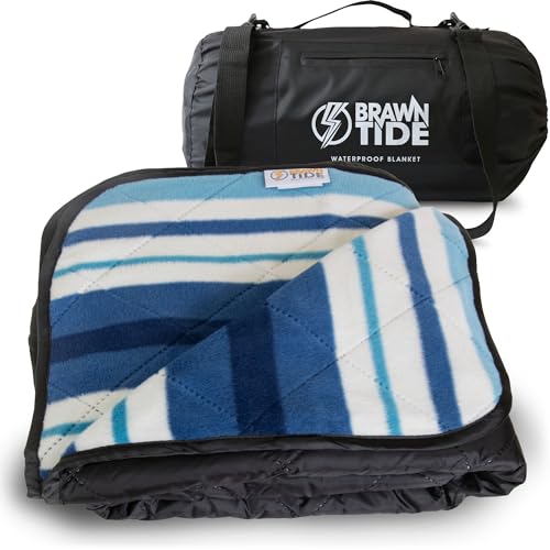 BRAWNTIDE Large Waterproof Outdoor Blanket, Extra Thick Fleece, Warm, Windproof & Sandproof, Quilted Stadium Blanket for Sports Events, Beach, Camping, Picnics, Dogs & Car, 82" x 55 - color: Azure Blue