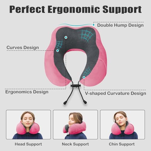 Travel Pillow, Memory Foam Neck Pillow for Traveling, U Shape Neck Pillow Airplane Portable Flight Pillow Travel Kit with 5D Contoured Eye Masks and Earplug for Plane Train Car Home Office - color: Dark Pink