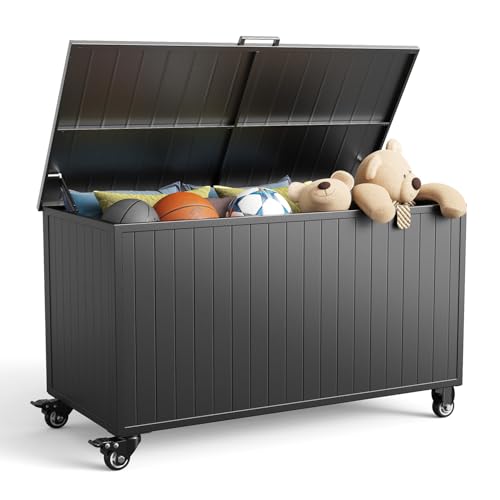 Outdoor Storage Box with Wheels 150 Gallon, Mobile Aluminum Deck Boxes Outdoor Waterproof, UV Resistant Patio Storage Box with Lid for Patio Furniture, Garden Tools, Outdoor Cushion(Blank) - color: Black, size: 150 Gallon