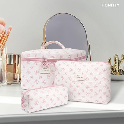 honitty Makeup Bag,Quilted Cosmetic Bags,Large Floral Make Up Organize bag,Makeup Bag Set for Women,Flower Travel Toiletry Bag - color: Bow-2