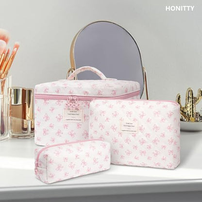 honitty Makeup Bag,Quilted Cosmetic Bags,Large Floral Make Up Organize bag,Makeup Bag Set for Women,Flower Travel Toiletry Bag - color: Bow-2