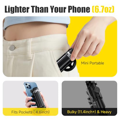 4-in-1 Magnetic Selfie Stick Tripod – 360° Rotation, Bluetooth Remote, Compact Travel Vlog Phone Holder for iPhone - color: Yellow / T20-C