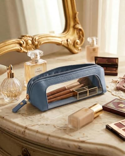 LETGO Clear Makeup Brush Bag Pouch, Waterproof PU Leather Portable Makeup Bag Holder with Transparent Window, Travel Lipstick Case Pouch Car Organizer and Storage (Slim, Blue) - color: Blue, style: Slim