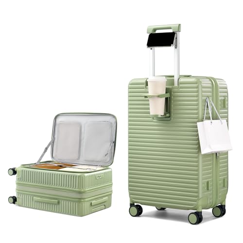 HanTrip Hard Shell Suitcases 24 Inch Check in Luggage with Spinner Wheels Cup Holder, Lightweight Top Opening Expandable Luggage Hard Case Rolling Medium Checked Suitcase with Lock, Bamboo Green - color: Bamboo Green, size: Expandable 24 Inch