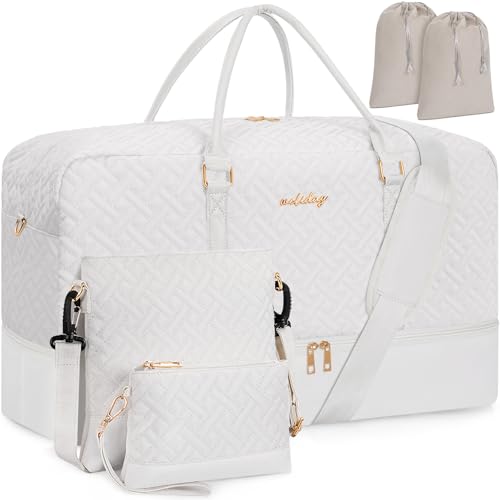 Weekender Bag for Women, 5 Pcs Set Carry on Overnight Bag, 23" Large Travel Duffel Bag with Waterproof Shoe Compartment for Weekend Travel Business Trip - color: Beige, size: Extra Large
