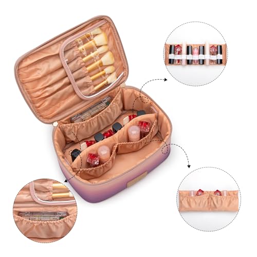 Montana West X Wrangler Travel Makeup Bag 2pcs Set Large Cosmetic Bag with Makeup Brush Holder Portable Make Up Organizer Cute Toiletry Bag with Divider and Handle for Women Gradient - color: Purple