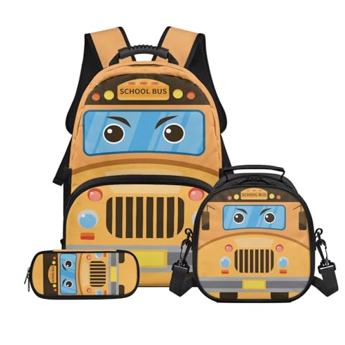Kids Backpack Set for Boys,Orange School Bus School Bookbag and Pencil Case Bundle,Preschool Primary School Backpacks with Lunch Box and Pencil Case for Back to School Supplies - color: Orange School Bus