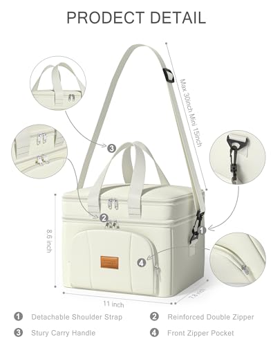 Rnivvi Lunch Box for Women, Double Decker Insulated Cooler Bag Lunch Bag Reusable Leakproof Tote Lunch Container with Strap for Work Family Picnic Hiking Camping, 18 Cans 12L, Large Adults, White - color: White