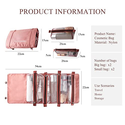LumiSyne 4 In 1 Detachable Toiletry Bag Hanging Roll-Up Makeup Bag Large Capacity Travel Wash Bag Mesh Cosmetic Bag Portable Foldable Toiletry Bag Waterproof Cosmetic Organizer Bag For Travel Daily - color: Pink