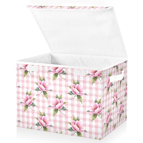 senya Flower Storage Baskets Collapsible Bins with Lids, Pink Rose Flower Floral Buffalo Plaid Checkered Storage Boxes Clothes Baskets for Organizing - color: Rose 2