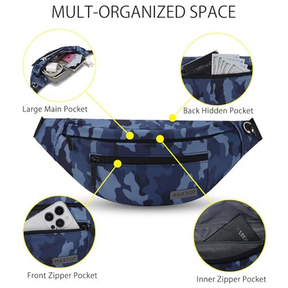 MAXTOP Large Crossbody Fanny Pack with 4-Zipper Pockets,Gifts for Enjoy Sports Festival Workout Traveling Running Casual Hands-Free Wallets Waist Pack Phone Bag Carrying All Phones - color: Camo Gray Blue, style: Large Fanny Pack(4 Zipper Pockets)