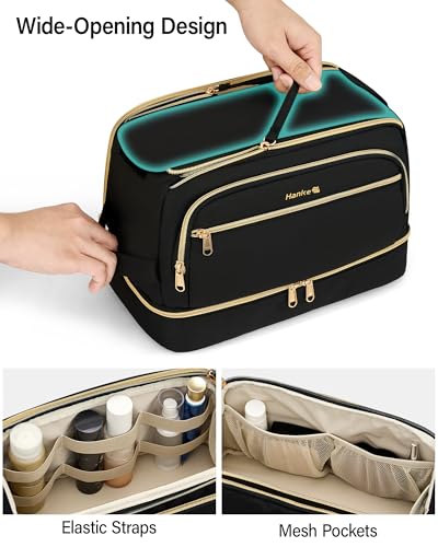 Hanke Travel Toiletry Bag, Lightweight Wide-open Makeup Bag, Dual-Layer Travel Bag for Toiletries Water-Resistant Cosmetic Bags Large Toiletry Bags for Women & Men, Travel Essentials, Black - color: Black