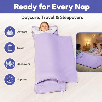 EVERYDAY KIDS Nap Mat with Removable Pillow - Lavender - Carry Handle with Straps Closure, Rollup Design, Soft Microfiber for Preschool, Daycare, Travel Sleeping Bag - Ages 3-6 Years - color: Purple