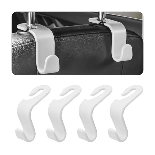 4PCS Car Back Seat Headrest Hooks, Rear Car Seat Storage Headrest Hanger Holder Hooks Organizer, Universal Auto Interior Accessories for Bag Purse Handbag Cloth Coats Grocery (White) - color: White