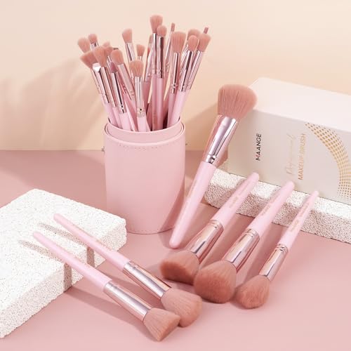 MAANGE 30 Pcs Professional Makeup Brush Set with Travel Case – Kabuki, Foundation, Powder, Blush,Blending& Eyeshadow Brushes, Labeled for Gift-Ready Box,PinkGold - color: PinkGold