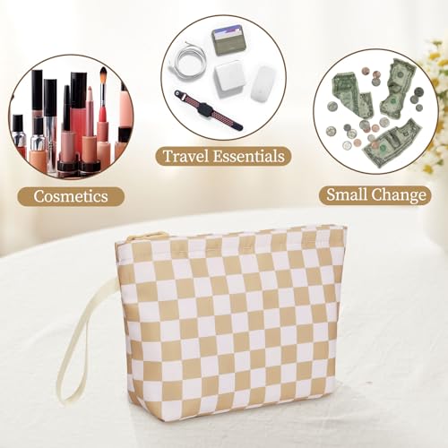 Ethereal Small Makeup Bag, Checked Travel Makeup Bag with Makeup Brush Holder, Cosmetic Bag Black Make up Pouch for Women/Girls - color: 06-khaki mini