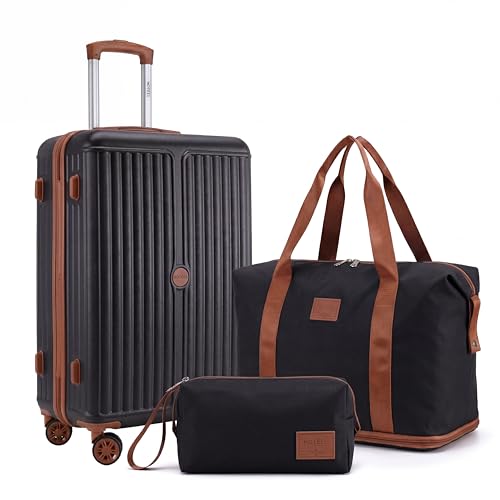 Hoteel Luggage Set 3-Piece, 4-Year Warranty,Suitcases with Wheels, PC+ABS Hardshell Suitcase, TSA Lock, Including Waterproof Luggage Bag, Travel Maletas for Men & Women,Black - color: Black, size: 3 Piece Set (20/Expandable DB/TB)