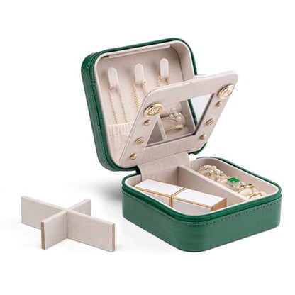 VLANDO Small Travel Jewelry Box Organizer - Mirrored Jewelries Necklaces Rings Earrings Necklace Storage Case, Dark Green - color: a. Dark Green