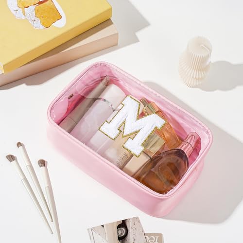 Personalized Initial Clear Makeup Bag Cosmetic Bags Travel Toiletry Bag Essentials Emergency Pouch Gifts for Girls Girlfriend Kids Birthday Graduation Teacher (Pink M) - style: M