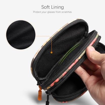 Double Eyeglasses Case Soft Portable Zipper Sunglasses Pouch with Keychain Clip for Men Women - color: Brown Flower