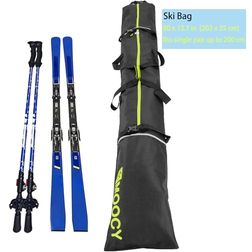 MOOCY Ski Bag for Air Travel, Unpadded Snow Bag Fits Skis Up to 200cm, Carrying Bag for Adults and Children - color: Black with Green Trim