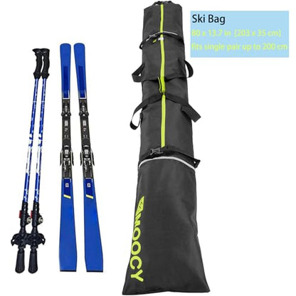 MOOCY Ski Bag for Air Travel, Unpadded Snow Bag Fits Skis Up to 200cm, Carrying Bag for Adults and Children - color: Black with Green Trim