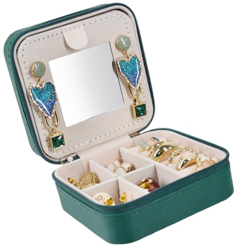 OceeK Travel Jewelry Case Box Organizer with Mirror,Travel Jewelry Box Holder Stocking Stuffers,Green,1 Pack - color: Green, size: 3.9x3.9 With mirror