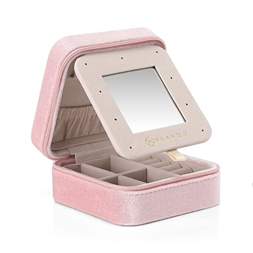 VLANDO Small Travel Jewelry Box Organizer Display Case for Rings Earrings Necklaces Storage, Selected Soft Velvet, Letter A Engraved, Pink - color: b. Powder Pink A
