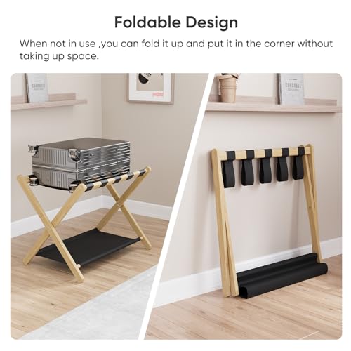 Smuxee Natural Bamboo Luggage Rack Pack of 2, Foldable Suitcase Stand with Storage Shelf, Easily Assembled Luggage Stand with 5 Nylon Straps for Guest Room Bedroom Hotel - color: Natural 2PCS