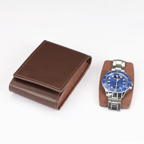 Travel Watch Case - Leather Watch Pouch with Velvet Lining, Single Case, Unisex | Business Travel and Office Christmas Gift (Brown - color: brown, size: Square shape