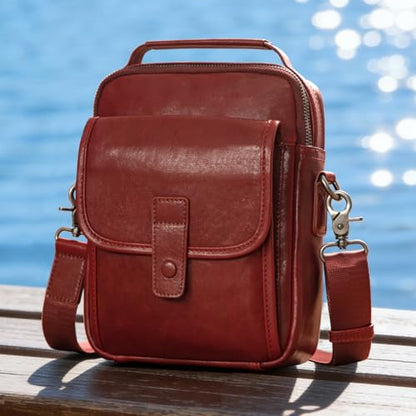 Augus Leather Small Messenger Bag For Men Crossbody Handbag Shoulder Sling Travel Bags for Men Purse Daypack Magnetic Buckle - color: Maroon