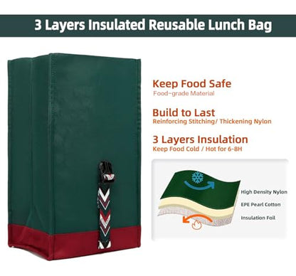 SUNNY BIRD Insulated Lunch Bag Rolltop Lunch Box Tote Bag for Women, Men, Adults and Teens (Green with Boho strap) - color: Green with Boho strap