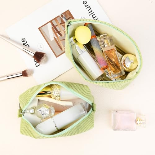 SOIDRAM 2 Pcs Corduroy Makeup Bag Large Cosmetic Bag Toiletry Bag Makeup Pouch Travel Bag Organizer Cute Makeup Brushes Aesthetic Accessories Storage Bag for Women Light Green - color: Corduroy Light Green