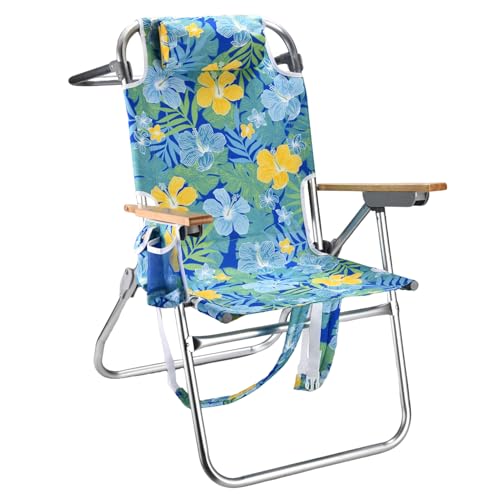 Backpack Beach Chairs for Adults Capacity 300 LBS high 5 Position Beach Chair with Pouch Straps Folding Lightweight Reclining Aluminum Wide Lay Flat Single - color: 17in Wood Yellow Flower 1 Pack