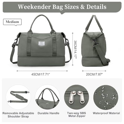 Travel Duffel Bag with Shoes Compartment, Overnight Weekender Bags for Women,Carry on Personal Item Bag,Medium Size - color: A-Olive Green, size: Medium