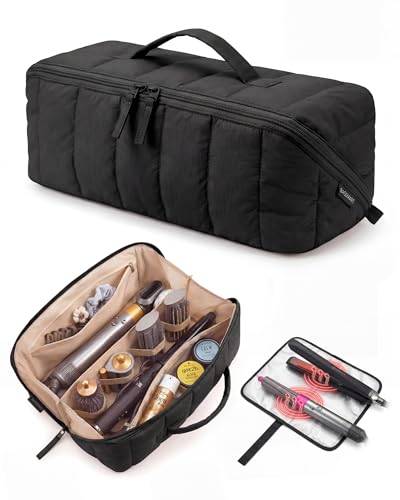 BAGSMART Hair Tool Organizer Travel Bag Compatible with Dyson Airwrap, Shark Hair Dryer, Wide-open Accessories Organizer with Heat Resistant Mat, Makeup Bag for Dyson Attachments, Curling Iron, Black - color: Black