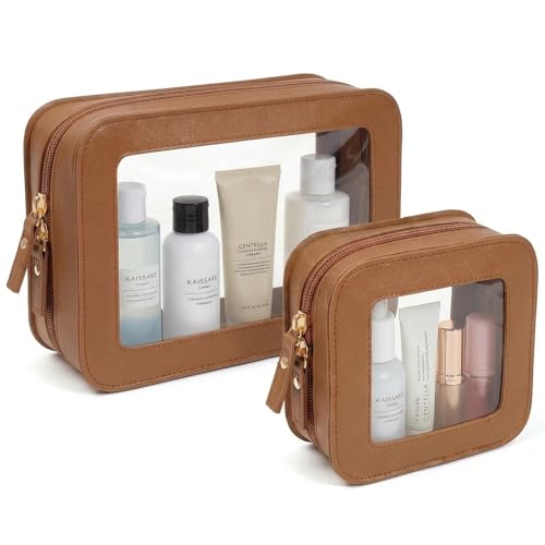 LETGO Clear Makeup Bag Organizer Set, Travel Toiletry Bag Cosmetic Case for Women, Portable Make up Skincare Pouch Car Organizer Bag with Zippers for Essentials (2Pack-Standard & Square, Brown) - color: Brown, style: 2pack-standard&square