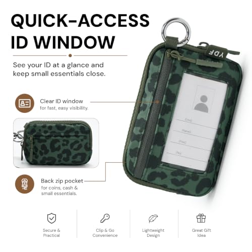 Small Nylon Wristlet Wallet for Women, Minimalist Zip Keychain Coin Purse Card Case with Clear ID Window, Water-Resistant Pouch - color: Sage Green Leopard