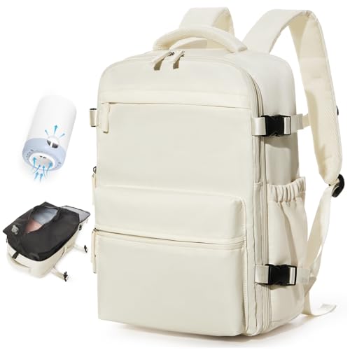 BOXSAM Vacuum Travel Backpack with Pump for Women, Personal Item Carry on Vacpack Backpacks Flight Approved 18x14x8 inches for Men,Laptop Waterproof Work Compression bags Casual Daypack,Beige