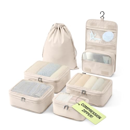 Vandel Space-Saving Compression Packing Cubes for Women with Hanging Toiletry Bag, Laundry Bag, Compressible Carry On Suit Case Organizer Luggage Packing Cubes for Travel Compression Organizer Bags - color: 3. Sand, size: Deluxe Set (4 Cubes + Toiletry &