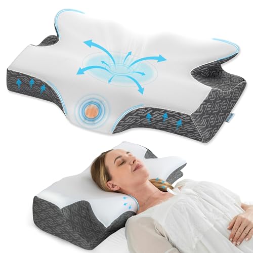 Elviros Cervical Neck Pillow for Sleeping, Memory Foam Pillow for Neck Pain Relief, Side Sleeper Cooling Pillows for Adults, Neck Support with Removable Pillowcase for Back & Stomach Sleepers - color: White, size: King Size 28Lx16.5Wx(4.45"-5.23")H