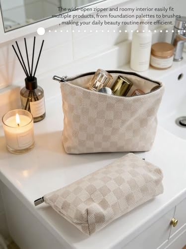 2-Pack Beige Checkered Makeup Bag Set - Large Capacity Cosmetic Organizer Pouch | Travel Toiletry Bag for Women Girls - color: C02-light coffee