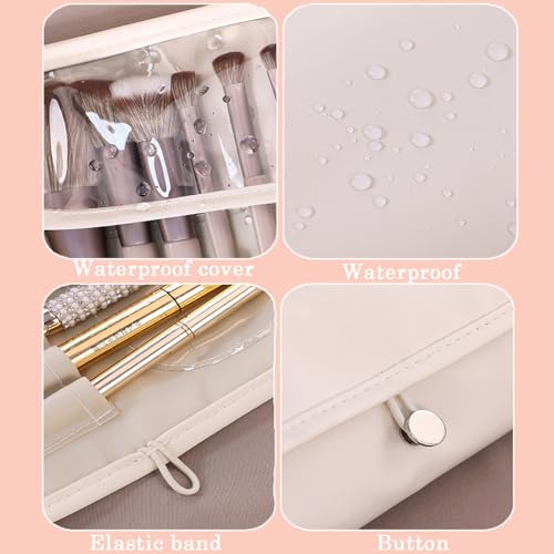 Travel Makeup Organizer, Foldable Roll-Up Cosmetic Storage Bag for Women (Beige) - color: Beige