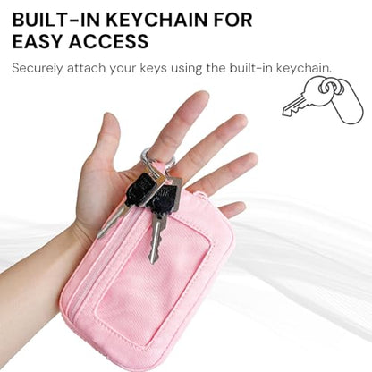 YDF The Iris Wallet for Women Mini Zip Card Case with Clear ID Window Zipper Coin Purse Lightweight Portable Keychain Wallet - color: Pink