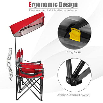 S AFSTAR Double Camping Chair w/Shade Canopy, 2-Person Folding Camp and Beach Chair with Mini Table Beverage Cup Holder Carrying Bag, Collapsible Camping Chairs for Garden Patio Pool Beach - color: Red
