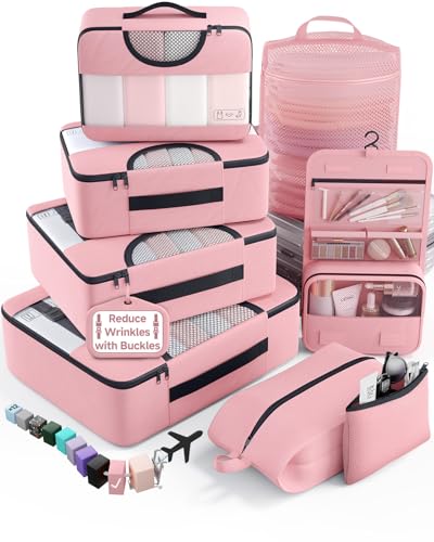 Veken 8 Set Packing Cubes for Cruise Ship Essentials,Beach Vacation Travel Accessories with Hanging Toiletry Bag,Suitcase Organizer for Luggage,Personalized Birthday & Retirement Gifts for Women Mom - color: 03 Pink