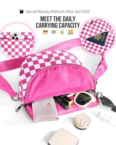 Crescent Bag for Women and Men, Fashion Medium Nylon Folding Crescent Moon Bag Single Shoulder Bag with Adjustable Strap - color: Crossbody bag- Rose Checkered